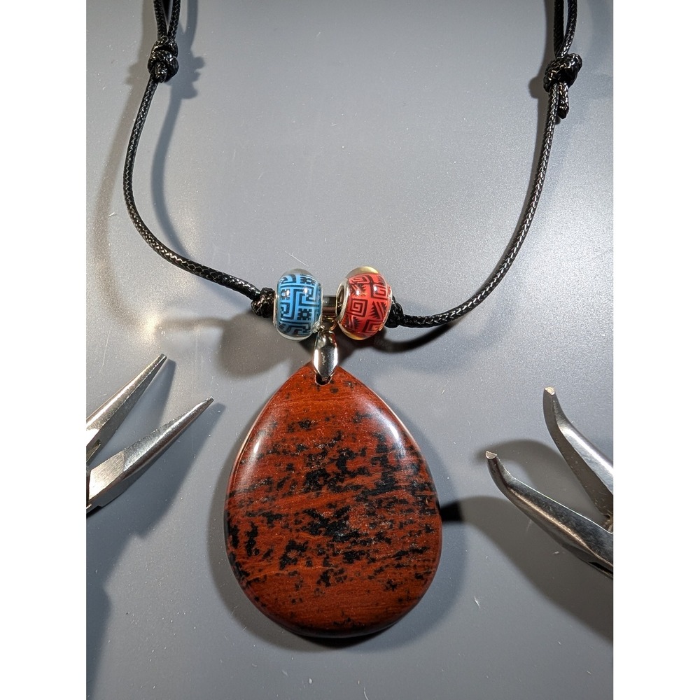 Mahogany Obsidian Teardrop Pendant Necklace Adjustable Black Cord Glass Beads